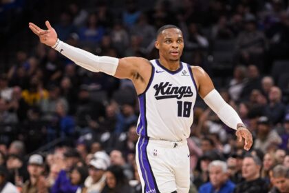 Nov 5, 2025; Sacramento, California, USA; Sacramento Kings guard Russell Westbrook (18) celebrates after scoring against the Golden State Warriors during the second quarter at Golden 1 Center. Mandatory Credit: Ed Szczepanski-Imagn Images