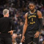 Nov 5, 2025; Sacramento, California, USA; Golden State Warriors forward Jonathan Kuminga (1) walks off the court after being removed from the game during the fourth quarter of the game against the Sacramento Kings at Golden 1 Center. Mandatory Credit: Ed Szczepanski-Imagn Images