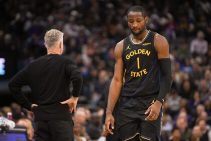 Nov 5, 2025; Sacramento, California, USA; Golden State Warriors forward Jonathan Kuminga (1) walks off the court after being removed from the game during the fourth quarter of the game against the Sacramento Kings at Golden 1 Center. Mandatory Credit: Ed Szczepanski-Imagn Images