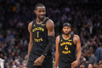 Nov 5, 2025; Sacramento, California, USA; Golden State Warriors forward Jonathan Kuminga (1) reacts after being called for a foul against the Sacramento Kings during the fourth quarter at Golden 1 Center. Mandatory Credit: Ed Szczepanski-Imagn Images