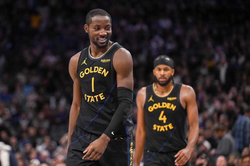 Nov 5, 2025; Sacramento, California, USA; Golden State Warriors forward Jonathan Kuminga (1) reacts after being called for a foul against the Sacramento Kings during the fourth quarter at Golden 1 Center. Mandatory Credit: Ed Szczepanski-Imagn Images