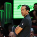 Nov 7, 2025; Miami, Florida, USA; Miami Heat head coach Erik Spoelstra looks on from the sideline against the Charlotte Hornets during the first quarter of an NBA Cup game at Kaseya Center. Mandatory Credit: Sam Navarro-Imagn Images