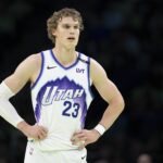 Nov 7, 2025; Minneapolis, Minnesota, USA; Utah Jazz forward Lauri Markkanen (23) looks on against the Minnesota Timberwolves in the first half at Target Center. Mandatory Credit: Jesse Johnson-Imagn Images