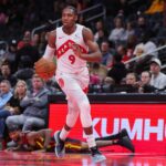 Nov 7, 2025; Atlanta, Georgia, USA; Toronto Raptors forward RJ Barrett (9) dribbles against the Atlanta Hawks in the fourth quarter at State Farm Arena. Mandatory Credit: Brett Davis-Imagn Images