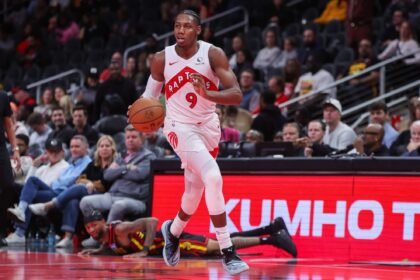 Nov 7, 2025; Atlanta, Georgia, USA; Toronto Raptors forward RJ Barrett (9) dribbles against the Atlanta Hawks in the fourth quarter at State Farm Arena. Mandatory Credit: Brett Davis-Imagn Images