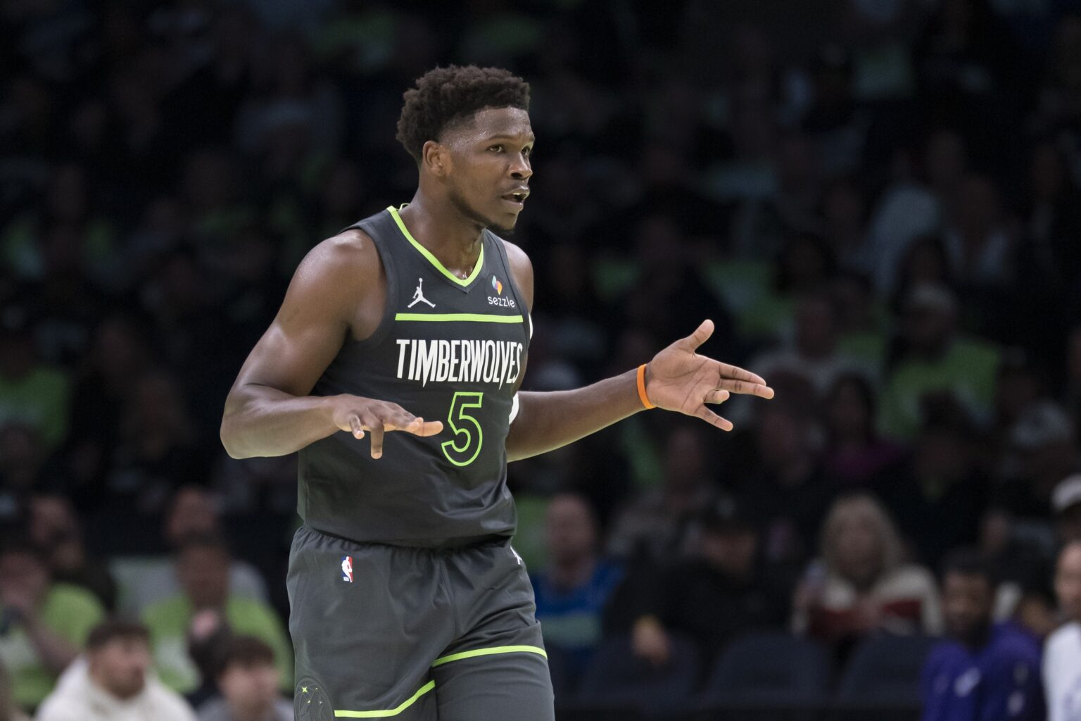Nov 7, 2025; Minneapolis, Minnesota, USA; Minnesota Timberwolves guard Anthony Edwards (5) celebrates making a three-point shot against the Utah Jazz in the second half at Target Center. Mandatory Credit: Jesse Johnson-Imagn Images