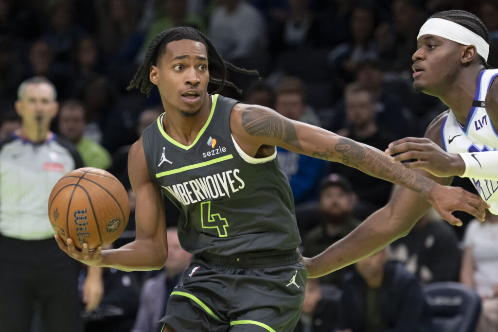 Nov 7, 2025; Minneapolis, Minnesota, USA; Minnesota Timberwolves guard Rob Dillingham (4) drives to the basket against the Utah Jazz in the second half at Target Center. Mandatory Credit: Jesse Johnson-Imagn Images