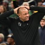 Nov 7, 2025; Milwaukee, Wisconsin, USA; Milwaukee Bucks head coach Doc Rivers reacts in the 4th quarter against the Chicago Bulls at Fiserv Forum. Mandatory Credit: Benny Sieu-Imagn Images