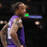 Nov 7, 2025; Sacramento, California, USA; Sacramento Kings guard DeMar DeRozan (10) talks with an official after a foul call against the Oklahoma City Thunder in the second quarter at the Golden 1 Center. Mandatory Credit: Cary Edmondson-Imagn Images