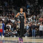 Nov 8, 2025; San Antonio, Texas, USA; San Antonio Spurs forward Victor Wembanyama (1) looks up in the second half against the New Orleans Pelicans at Frost Bank Center. Mandatory Credit: Daniel Dunn-Imagn Images