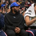Nov 8, 2025; Inglewood, California, USA; Los Angeles Clippers guard Chris Paul (3), forward Kawhi Leonard (2) and center Brook Lopez (11) on the bench during the first half against the Phoenix Suns at Intuit Dome. Mandatory Credit: Jayne Kamin-Oncea-Imagn Images