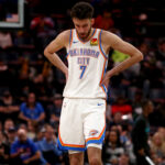 Nov 9, 2025; Memphis, Tennessee, USA; Oklahoma City Thunder center Chet Holmgren (7) reacts during a time out during the second quarter against the Memphis Grizzlies at FedExForum. Mandatory Credit: Petre Thomas-Imagn Images