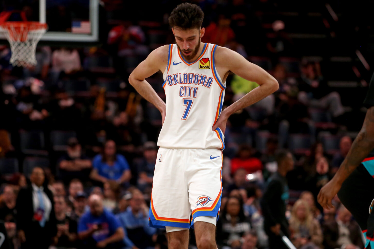Nov 9, 2025; Memphis, Tennessee, USA; Oklahoma City Thunder center Chet Holmgren (7) reacts during a time out during the second quarter against the Memphis Grizzlies at FedExForum. Mandatory Credit: Petre Thomas-Imagn Images