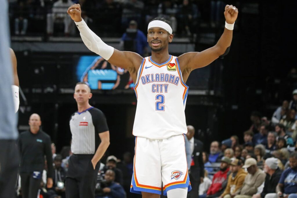 Nov 9, 2025; Memphis, Tennessee, USA; Oklahoma City Thunder guard Shai Gilgeous-Alexander (2) reacts during the third quarter against the Memphis Grizzlies at FedExForum. Mandatory Credit: Petre Thomas-Imagn Images