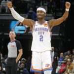 Nov 9, 2025; Memphis, Tennessee, USA; Oklahoma City Thunder guard Shai Gilgeous-Alexander (2) reacts during the third quarter against the Memphis Grizzlies at FedExForum. Mandatory Credit: Petre Thomas-Imagn Images