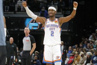 Nov 9, 2025; Memphis, Tennessee, USA; Oklahoma City Thunder guard Shai Gilgeous-Alexander (2) reacts during the third quarter against the Memphis Grizzlies at FedExForum. Mandatory Credit: Petre Thomas-Imagn Images