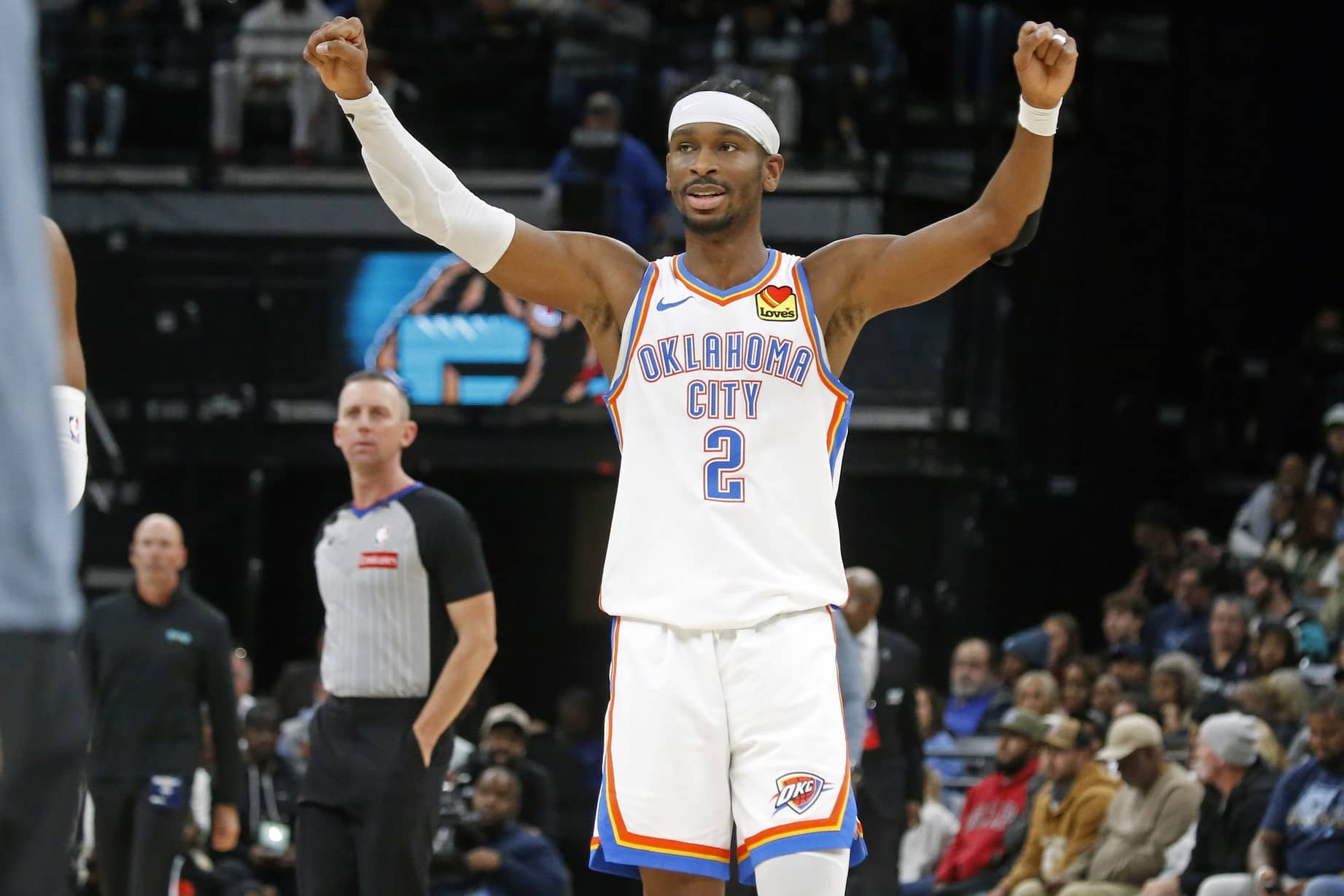 Nov 9, 2025; Memphis, Tennessee, USA; Oklahoma City Thunder guard Shai Gilgeous-Alexander (2) reacts during the third quarter against the Memphis Grizzlies at FedExForum. Mandatory Credit: Petre Thomas-Imagn Images