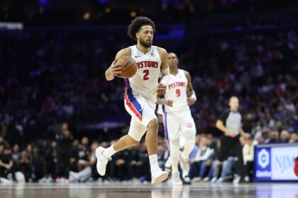 Nov 9, 2025; Philadelphia, Pennsylvania, USA; Detroit Pistons guard Cade Cunningham (2) dribbles up court against the Philadelphia 76ers during the second quarter at Xfinity Mobile Arena. Mandatory Credit: Bill Streicher-Imagn Images