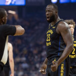 Nov 9, 2025; San Francisco, California, USA; Golden State Warriors forward Draymond Green (23) argues a foul call with referee Dedric Taylor (21) during the first quarter against the Indiana Pacers at Chase Center. Mandatory Credit: D. Ross Cameron-Imagn Images