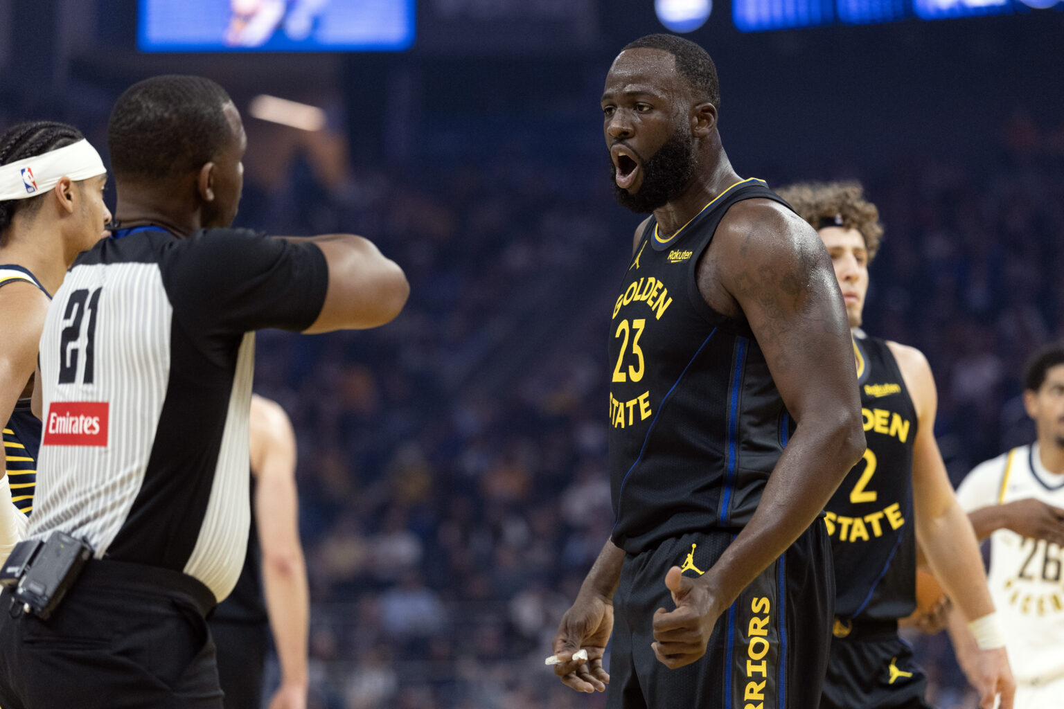 Nov 9, 2025; San Francisco, California, USA; Golden State Warriors forward Draymond Green (23) argues a foul call with referee Dedric Taylor (21) during the first quarter against the Indiana Pacers at Chase Center. Mandatory Credit: D. Ross Cameron-Imagn Images