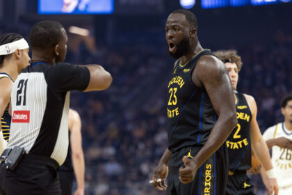 Nov 9, 2025; San Francisco, California, USA; Golden State Warriors forward Draymond Green (23) argues a foul call with referee Dedric Taylor (21) during the first quarter against the Indiana Pacers at Chase Center. Mandatory Credit: D. Ross Cameron-Imagn Images
