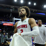 Nov 9, 2025; Philadelphia, Pennsylvania, USA; Detroit Pistons guard Cade Cunningham (2) walks off the court after a victory against the Philadelphia 76ers at Xfinity Mobile Arena. Mandatory Credit: Bill Streicher-Imagn Images