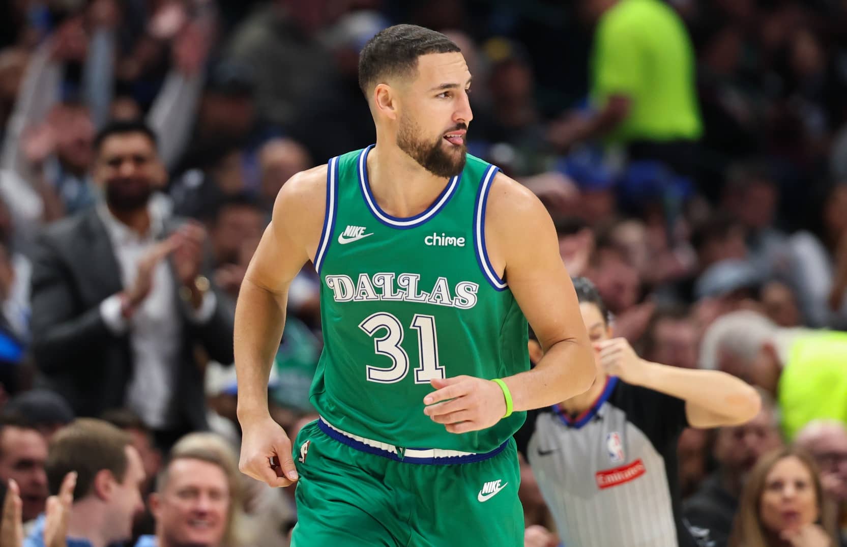 Nov 10, 2025; Dallas, Texas, USA; Dallas Mavericks guard Klay Thompson (31) reacts after scoring during the first quarter against the Milwaukee Bucks at American Airlines Center. Mandatory Credit: Kevin Jairaj-Imagn Images