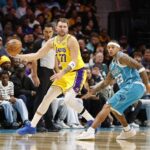 Nov 10, 2025; Charlotte, North Carolina, USA; Los Angeles Lakers forward/guard Luka Doncic (77) keeps the ball away from Charlotte Hornets guard Tre Mann (23) during the second half at Spectrum Center. Mandatory Credit: Brian Westerholt-Imagn Images