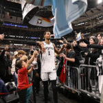 Nov 10, 2025; Chicago, Illinois, USA; San Antonio Spurs forward Victor Wembanyama (1) greets fans after the second half against the Chicago Bulls at the United Center. Mandatory Credit: Matt Marton-Imagn Images