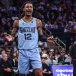 Nov 11, 2025; New York, New York, USA; Memphis Grizzlies guard Ja Morant (12) reacts after getting called for a foul in the second quarter against the New York Knicks at Madison Square Garden. Mandatory Credit: Wendell Cruz-Imagn Images