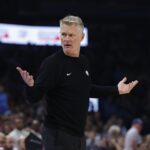 Nov 11, 2025; Oklahoma City, Oklahoma, USA; Golden State Warriors head coach Steve Kerr gestures after a play against the Oklahoma City Thunder during the second quarter at Paycom Center. Mandatory Credit: Alonzo Adams-Imagn Images
