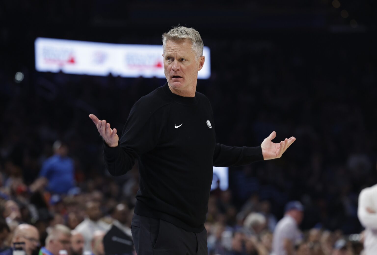 Nov 11, 2025; Oklahoma City, Oklahoma, USA; Golden State Warriors head coach Steve Kerr gestures after a play against the Oklahoma City Thunder during the second quarter at Paycom Center. Mandatory Credit: Alonzo Adams-Imagn Images