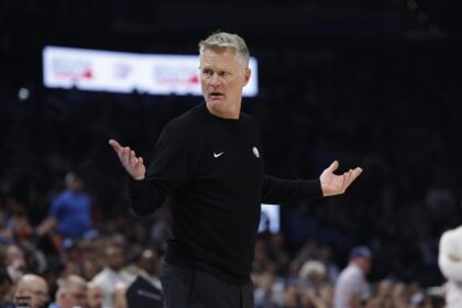 Nov 11, 2025; Oklahoma City, Oklahoma, USA; Golden State Warriors head coach Steve Kerr gestures after a play against the Oklahoma City Thunder during the second quarter at Paycom Center. Mandatory Credit: Alonzo Adams-Imagn Images
