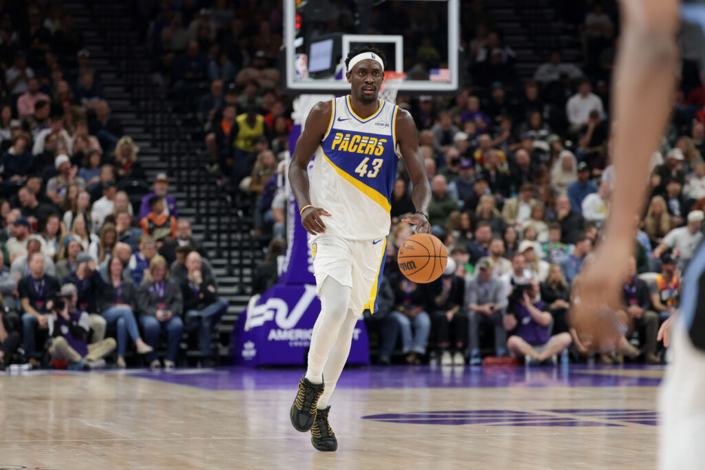 Nov 11, 2025; Salt Lake City, Utah, USA; Indiana Pacers forward Pascal Siakam (43) dribbles the ball up the court against the Utah Jazz during the second half at Delta Center. Mandatory Credit: Chris Nicoll-Imagn Images