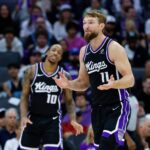 Nov 11, 2025; Sacramento, California, USA; Sacramento Kings center Domantas Sabonis (11) reacts after a call during the fourth quarter against the Denver Nuggets at Golden 1 Center. Mandatory Credit: Sergio Estrada-Imagn Images