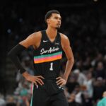 Nov 12, 2025; San Antonio, Texas, USA; San Antonio Spurs forward Victor Wembanyama (1) looks up in the second half against the Golden State Warriors at Frost Bank Center. Mandatory Credit: Daniel Dunn-Imagn Images