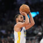 Nov 12, 2025; San Antonio, Texas, USA; Golden State Warriors guard Stephen Curry (30) shoots in the second half against the San Antonio Spurs at Frost Bank Center. Mandatory Credit: Daniel Dunn-Imagn Images