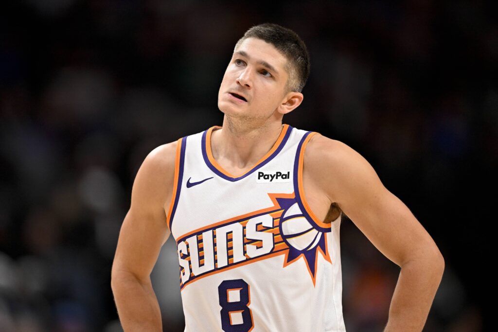 Nov 12, 2025; Dallas, Texas, USA; Phoenix Suns guard Grayson Allen (8) looks on during the second half against the Dallas Mavericks at the American Airlines Center. Mandatory Credit: Jerome Miron-Imagn Images
