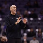Nov 12, 2025; Sacramento, California, USA; Sacramento Kings head coach Doug Christie on the sideline during the fourth quarter against the Atlanta Hawks at Golden 1 Center. Mandatory Credit: Kelley L Cox-Imagn Images