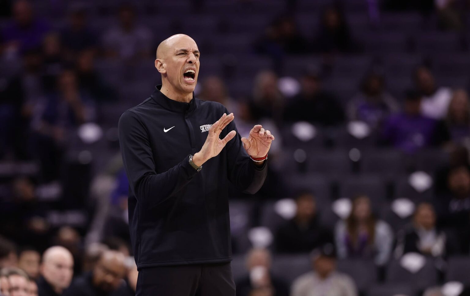 Nov 12, 2025; Sacramento, California, USA; Sacramento Kings head coach Doug Christie on the sideline during the fourth quarter against the Atlanta Hawks at Golden 1 Center. Mandatory Credit: Kelley L Cox-Imagn Images
