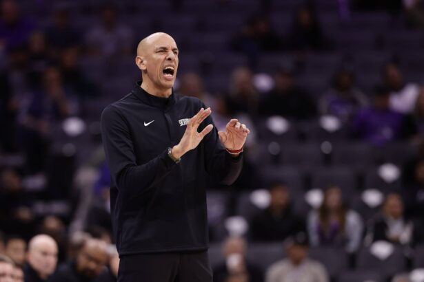 Nov 12, 2025; Sacramento, California, USA; Sacramento Kings head coach Doug Christie on the sideline during the fourth quarter against the Atlanta Hawks at Golden 1 Center. Mandatory Credit: Kelley L Cox-Imagn Images