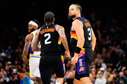 Nov 13, 2025; Phoenix, Arizona, USA; Phoenix Suns forward Dillon Brooks (3) reacts to a score during the second half of the game at Mortgage Matchup Center. Mandatory Credit: Arianna Grainey-Imagn Images