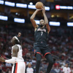 Nov 14, 2025; Houston, Texas, USA; Houston Rockets forward Kevin Durant (7) shoots the ball over Portland Trail Blazers center Robert Williams III (35) during the second quarter at Toyota Center. Mandatory Credit: Troy Taormina-Imagn Images