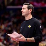 Nov 14, 2025; New Orleans, Louisiana, USA; Los Angeles Lakers Head Coach JJ Redick looks on against the New Orleans Pelicans during the second half at Smoothie King Center. Mandatory Credit: Stephen Lew-Imagn Images