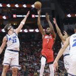 Nov 16, 2025; Houston, Texas, USA; Houston Rockets forward Kevin Durant (7) shoots the ball as Orlando Magic forward Franz Wagner (22) defends during the second quarter at Toyota Center. Mandatory Credit: Troy Taormina-Imagn Images