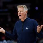 Nov 16, 2025; New Orleans, Louisiana, USA; Golden State Warriors head coach Steve Kerr reacts during the first half against the New Orleans Pelicans at Smoothie King Center. Mandatory Credit: Matthew Hinton-Imagn Images