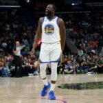 Nov 16, 2025; New Orleans, Louisiana, USA; Golden State Warriors forward Draymond Green (23) shouts “Angel Reese” after missing several shots in a row and rebounding them himself during the first half against the New Orleans Pelicans at Smoothie King Center. Mandatory Credit: Matthew Hinton-Imagn Images