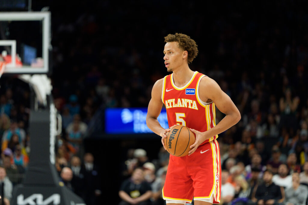 Nov 16, 2025; Phoenix, Arizona, USA; Atlanta Hawks guard Dyson Daniels (5) brings the ball down court in the second half of a game against the Phoenix Suns at Mortgage Matchup Center. Mandatory Credit: Allan Henry-Imagn Images
