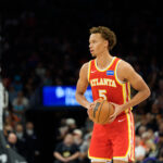 Nov 16, 2025; Phoenix, Arizona, USA; Atlanta Hawks guard Dyson Daniels (5) brings the ball down court in the second half of a game against the Phoenix Suns at Mortgage Matchup Center. Mandatory Credit: Allan Henry-Imagn Images