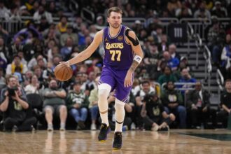 Nov 15, 2025; Milwaukee, Wisconsin, USA; Los Angeles Lakers guard Luka Doncic (77) during the game against the Milwaukee Bucks at Fiserv Forum. Mandatory Credit: Jeff Hanisch-Imagn Images